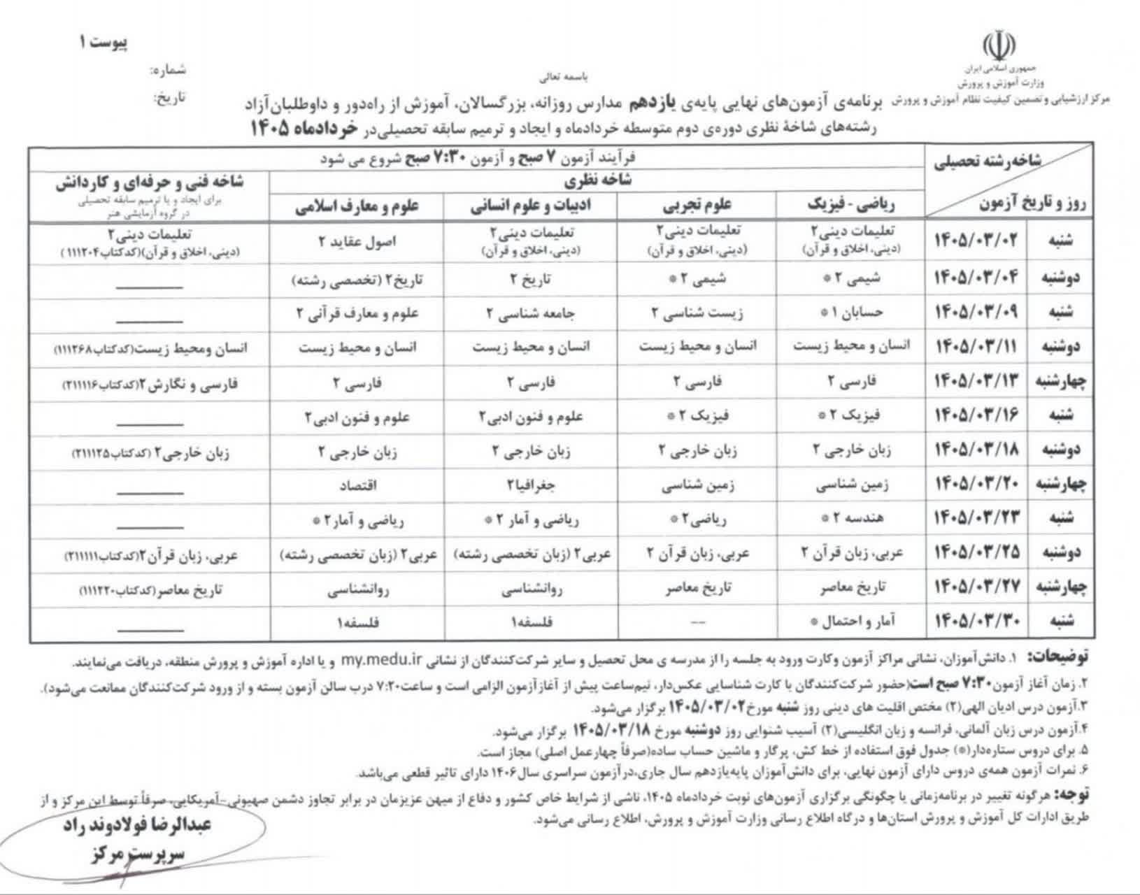 برنامه آزمون های نهایی پایه یازدهم مدارس روزانه، بزرگسالان، آموزش از راه دور شاخه نظری خردادماه ۱۴۰۵