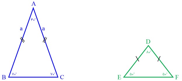شکل پاسخ تمرین 5 صفحه 57 ریاضی نهم - مثال نقض برای تشابه مثلث های متساوی الساقین